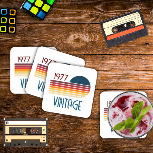 Vintage 1977 Retro Stripe Sun 50th Birthday Square Paper Coaster