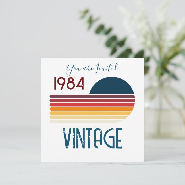 Vintage 1984 Retro Stripe Sun Birthday Invitation (Standing Front)