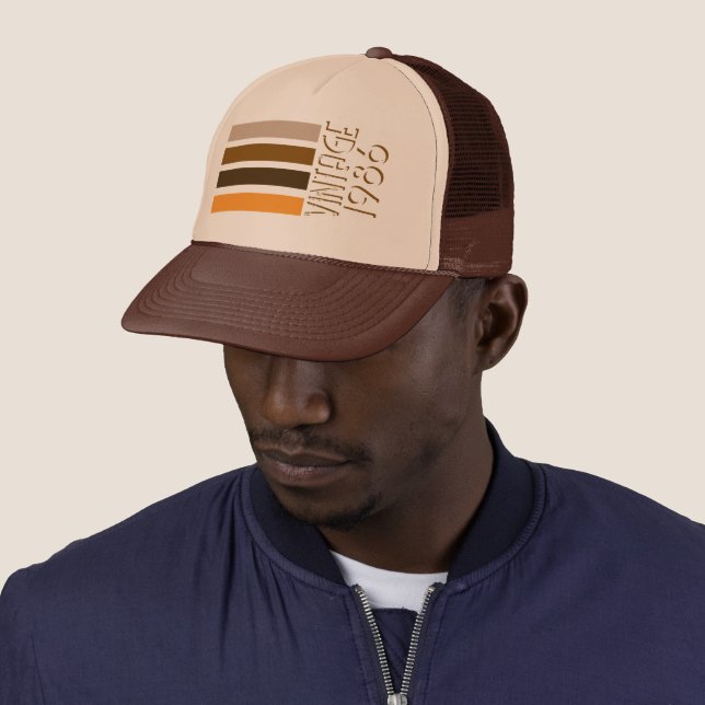 Vintage 1986 Retro Brown Stripes Trucker Hat (In Situ)
