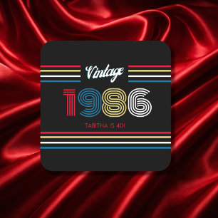Vintage 1986 Retro Stripe 40th Birthday Party Square Paper Coaster