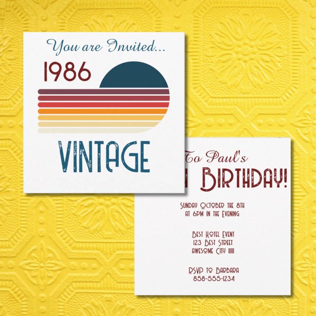Vintage 1986 Retro Stripe Sun 40th Birthday Invitation (Creator Uploaded)