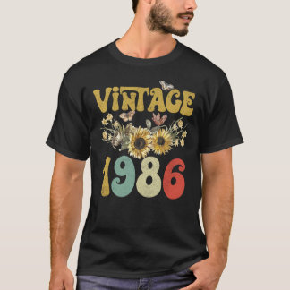 Vintage 1986 Sunflower Butterfly Retro Groovy 37th T-Shirt
