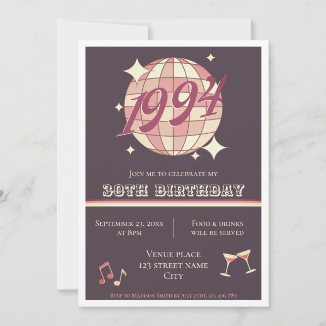 Vintage 1994 30th birthday retro purple Invitation (Front)
