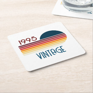 Vintage 1995 Retro Stripe Sun 30th Birthday Square Paper Coaster