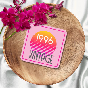 Vintage 1996 Neon Retro Stripe Sun 30th Birthday Square Paper Coaster