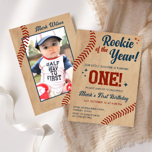Vintage 1st Birthday Baseball Photo Invitation