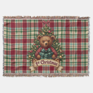 Vintage 1st Christmas Teddy Bear Plaid Throw Blanket