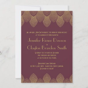 Vintage 20s Art Deco Scallop Burgundy Gold Wedding Invitation