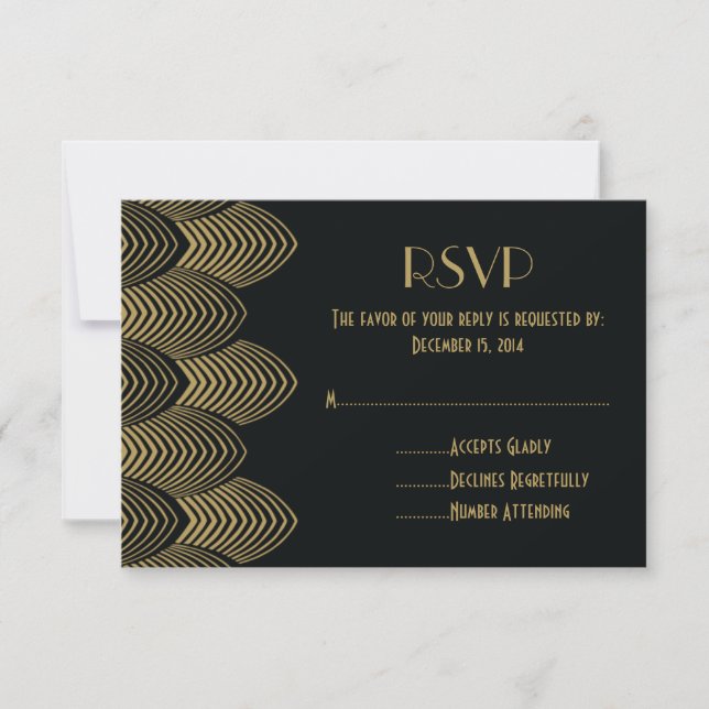 Vintage 20's Art Deco Scalloped Wedding RSVP Black (Front)