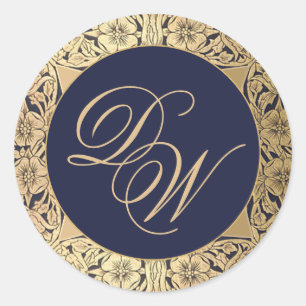 Vintage 2 Initials Monogram Navy Blue Gold Roses  Classic Round Sticker