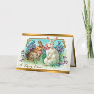 Vintage 2 Rabbits Easter Eggs Holiday Folded Cards