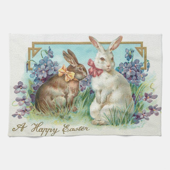 Vintage 2 Rabbits Easter Eggs Holiday Tea Towel (Horizontal)