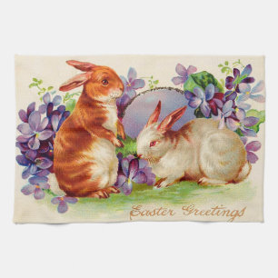 Vintage 2 Rabbits Easter Holiday Tea Towel