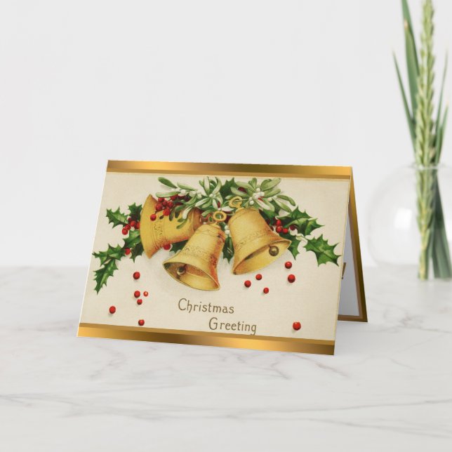 Vintage 3 Bells and Mistletoe Holiday Card (Front)