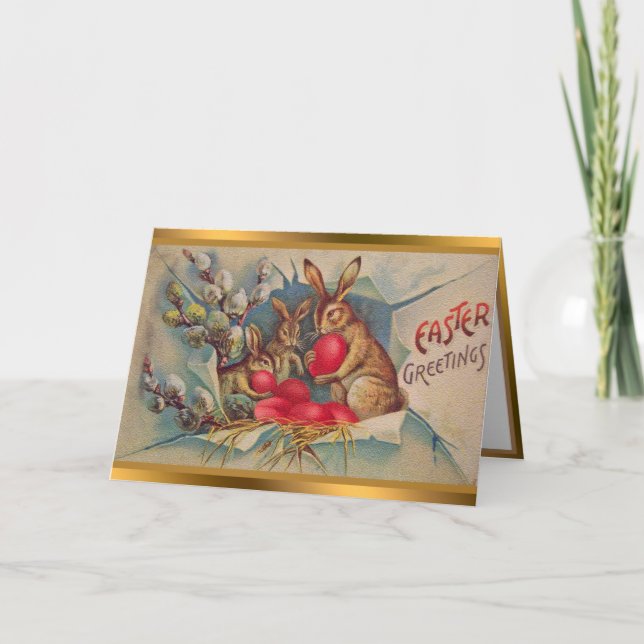 Vintage 3 Rabbits Easter Holiday Folded Cards (Front)