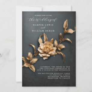 vintage 3d gold foliage qr code wedding invitation