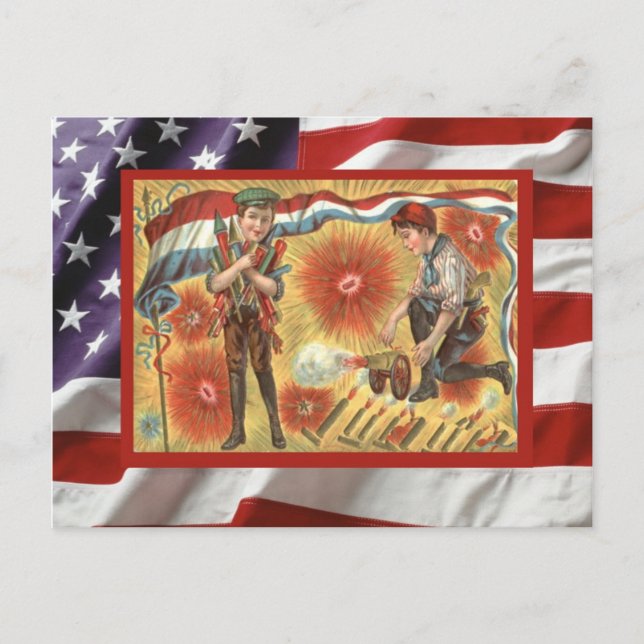 Vintage 4th July, Celebration, firecrackers, boys Invitation Postcard (Front)