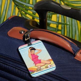 Vintage 50s Beach Pin Up Model Girl Art Luggage Tag