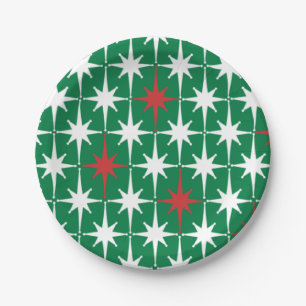 Vintage 50s Retro Christmas Star Pattern Green Paper Plate