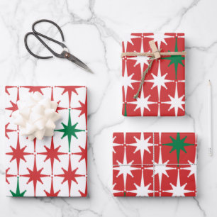 Vintage 50s Retro Christmas Star Patterns Red Wrapping Paper Sheet