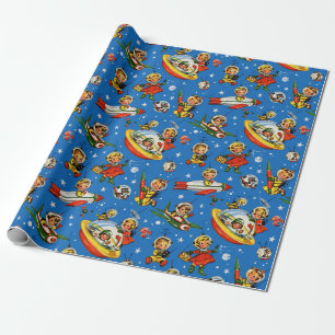 Vintage 50s Rockets and Flying Saucer Kids Wrapping Paper