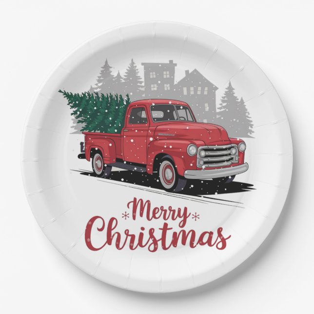 Vintage 50's style truck Christmas Paper Plate (Front)