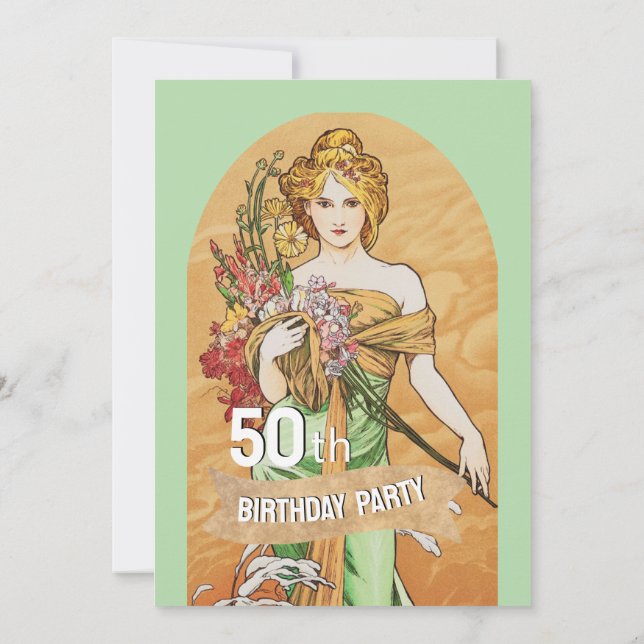Vintage 50th Birthday Party, Mucha, Spring Goddess Invitation (Back)