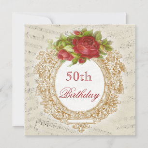 Vintage 50th Birthday Red Rose Frame Music Sheet Invitation