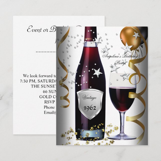 Vintage 50th Birthday Wine Black Gold Balloons Invitation (Front/Back)