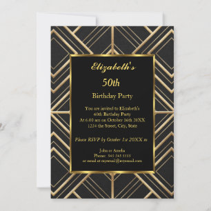 Vintage 50th Gold Black Art Deco  Birthday Party Invitation