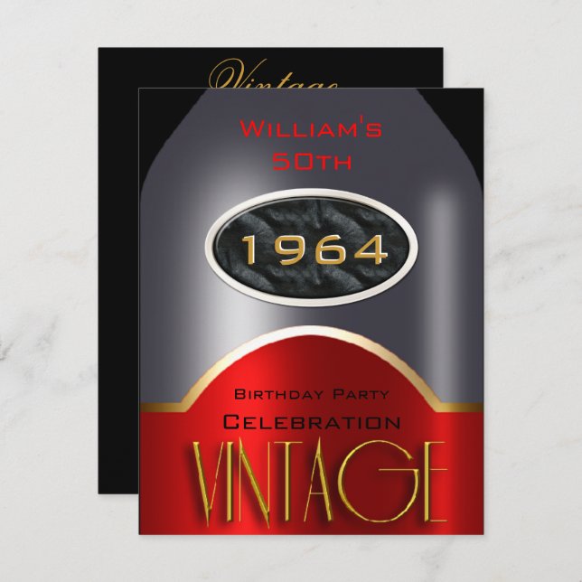 Vintage 50th Red Silver Bottle Birthday Party Invitation (Front/Back)