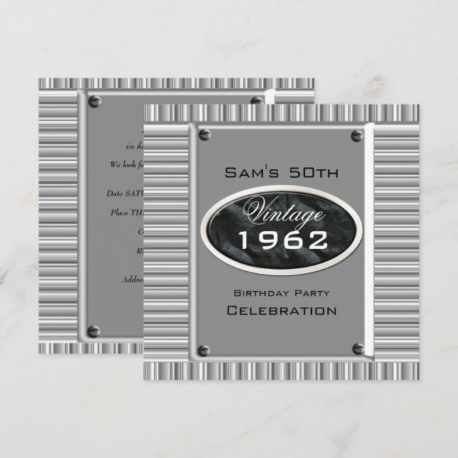 Vintage 50th Silver Black Birthday Party Invitation (Front/Back)