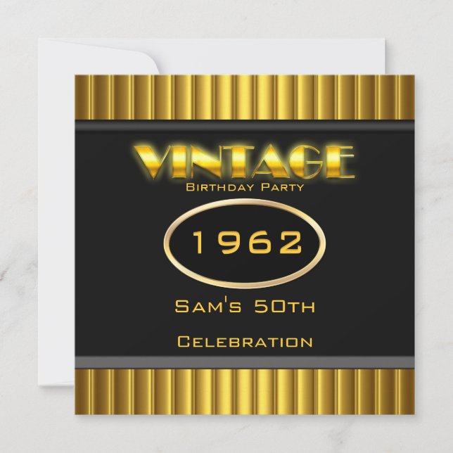 Vintage 50th Yellow Gold Black Birthday Party Invitation (Front)