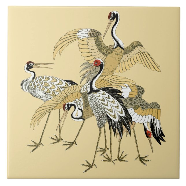 Vintage 5 Japanese Cranes Tile (Front)