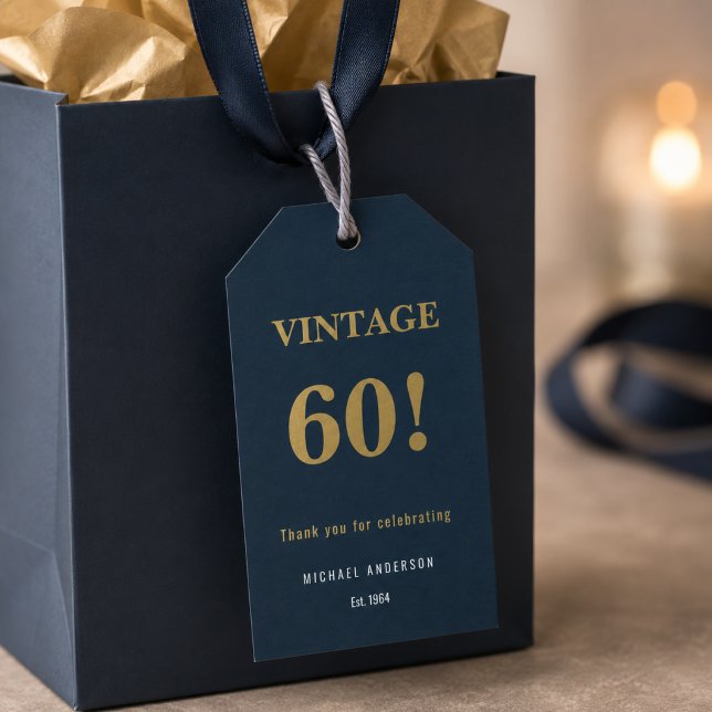 Vintage 60 Birthday Favour Tag (Elegant navy and gold favor tag for a timeless vintage 60th birthday celebration.)