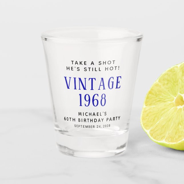 Vintage 60th Birthday Blue Party Favour Shot Glass (Front)