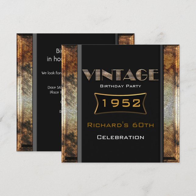 Vintage 60th Rusty Gold Black Birthday Party Invitation (Front/Back)