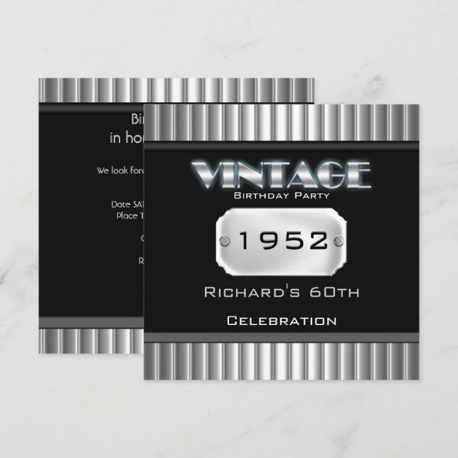 Vintage 60th Silver Chrome Black Birthday Party Invitation (Front/Back)