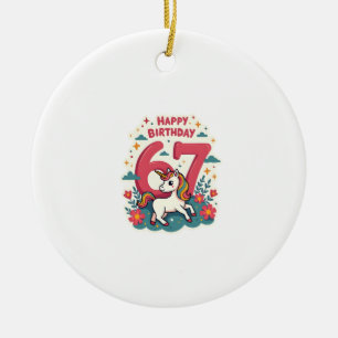 Vintage 67th Birthday Unicorn Rainbow Cute Cartoon Ceramic Tree Decoration