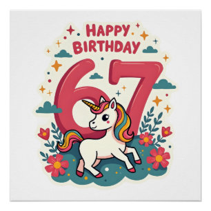 Vintage 67th Birthday Unicorn Rainbow Cute Cartoon Poster