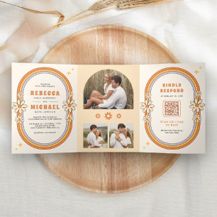 Vintage 70s Retro Colourful Groovy Frame Wedding Tri-Fold Invitation