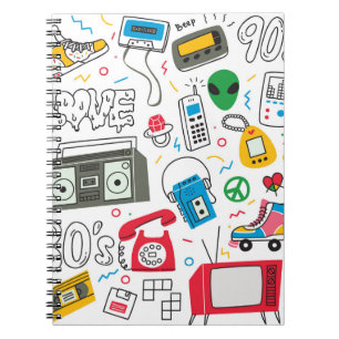 Vintage 80's 90's doodle with boom box, television notebook