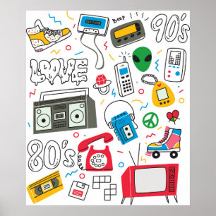 Vintage 80's 90's doodle with boom box, television poster