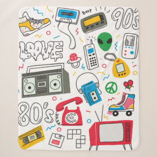Vintage 80's 90's doodle with boom box, television sherpa blanket
