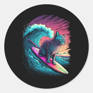 Vintage 80s Vaporwave Synthwave Retro Surfing Cat Classic Round Sticker