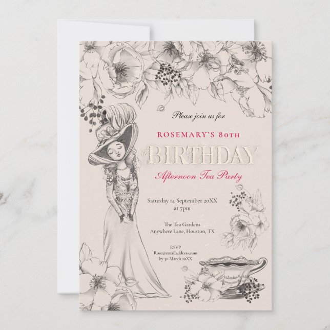 Vintage 80th Birthday Party Afternoon Tea Invitation (Front)