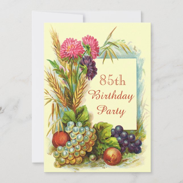Vintage 85th Birthday Colourful Fruits & Flowers Invitation (Front)