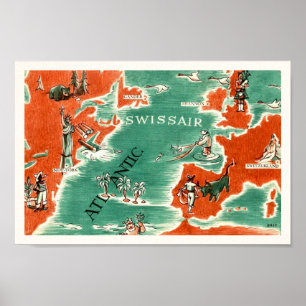 Vintage 8x12 Illustrated Swissair Map Print
