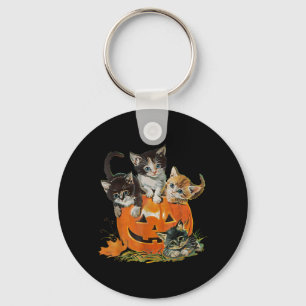 Vintage 90s Cat Pumpkin Halloween Retro Floral Key Ring