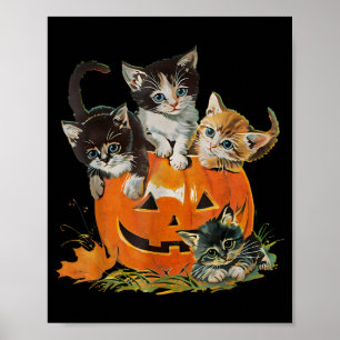 Vintage 90s Cat Pumpkin Halloween Retro Floral Poster